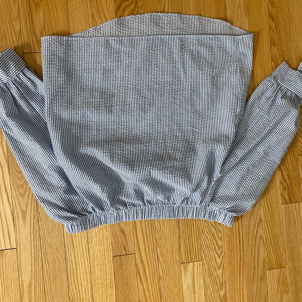 blue and white stripped off the shoulder top